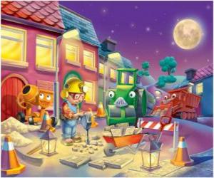 Puzzle Μπομπ και οι φίλοι του στο trabajano νύχτα επισκευή ενός δρόμου της πόλης